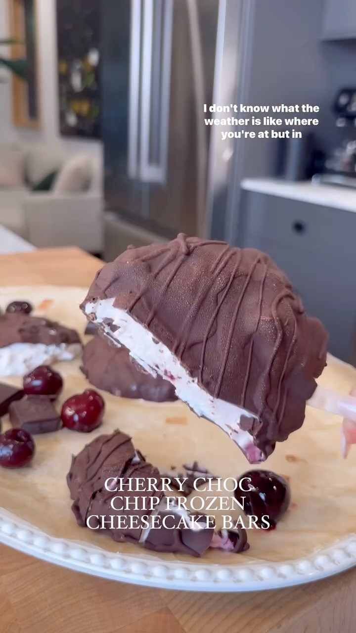 Chocolate Covered Cherry Chocolate Chip Frozen Cheesecake Bars