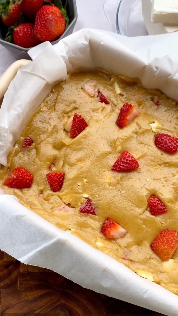 White Chocolate and Strawberry Blondies with Cream Cheese Frosting