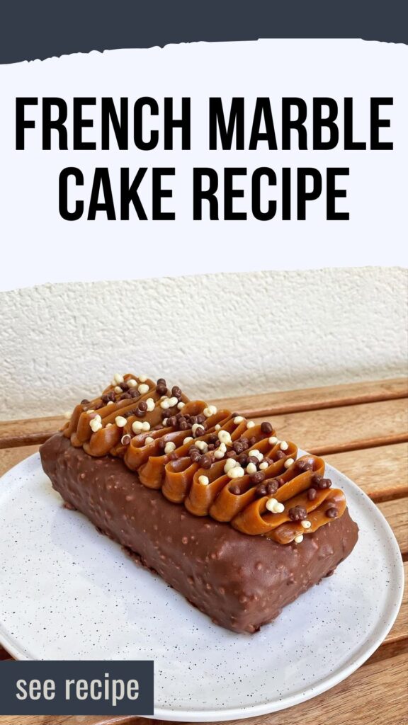 Gourmet Marbled Cake with Praline Crunch, Rocher Glaze, and Smooth Caramel