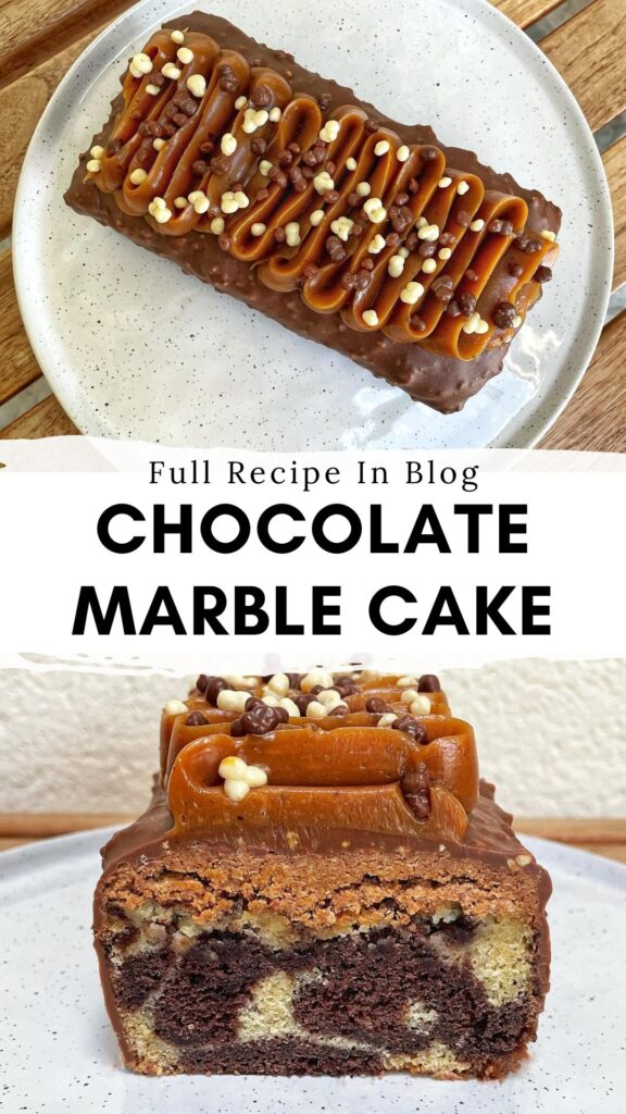 Gourmet Marbled Cake with Praline Crunch, Rocher Glaze, and Smooth Caramel