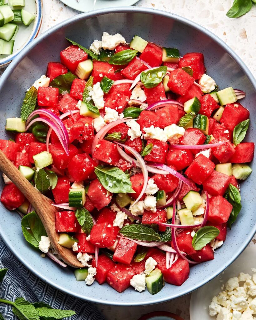 Watermelon Salad with Feta, Cucumber, and Fresh Herbs