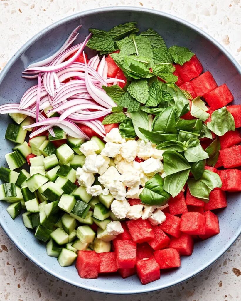 Watermelon Salad with Feta, Cucumber, and Fresh Herbs