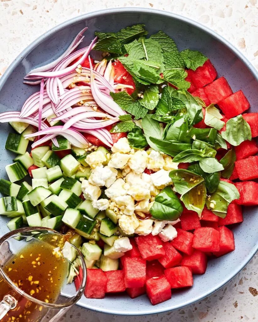 Watermelon Salad with Feta, Cucumber, and Fresh Herbs