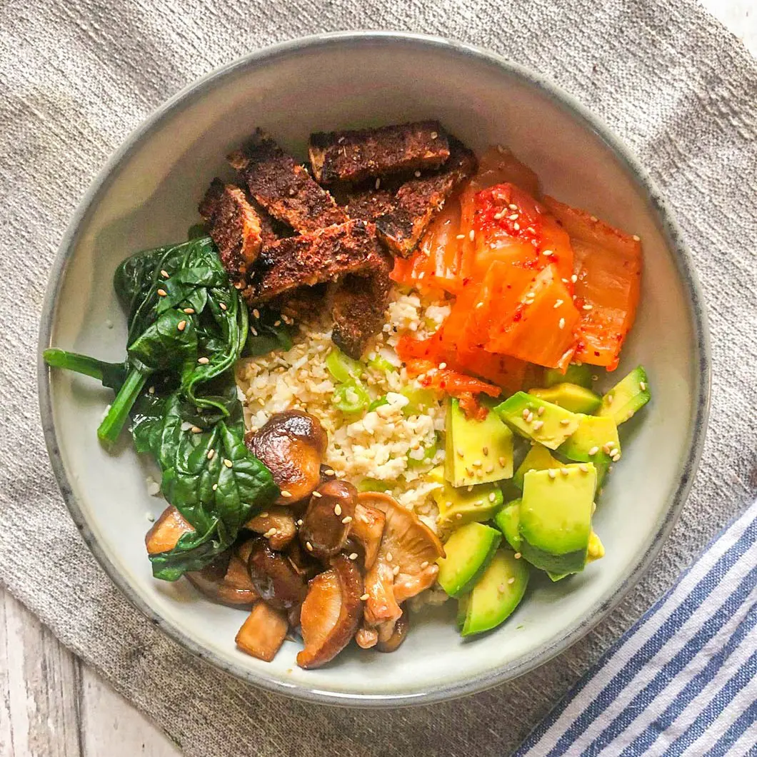 Spicy Cauliflower Rice Kimchi Bowl with Coconut-Ginger Sauce