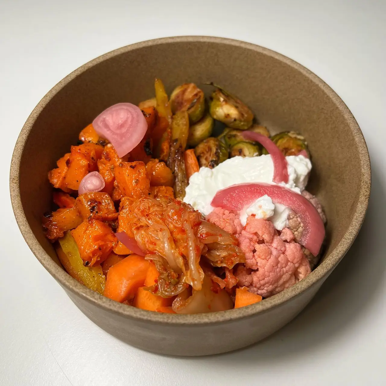 Vibrant Probiotic Power Bowl with Roasted Butternut Squash, Brussels Sprouts, and Pickled Veggies