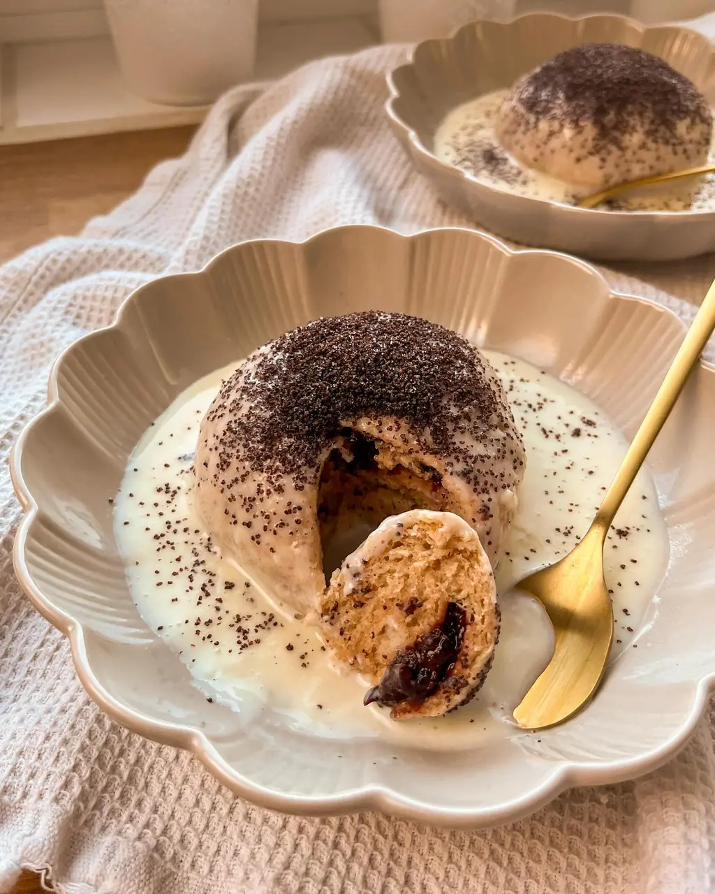 Steamed Plum-Jam Dumplings with Silky Vanilla Custard & Crunchy Poppy — Soft Hungarian-Style Gombóc (Vegetarian, Winter Comfort Dessert)
