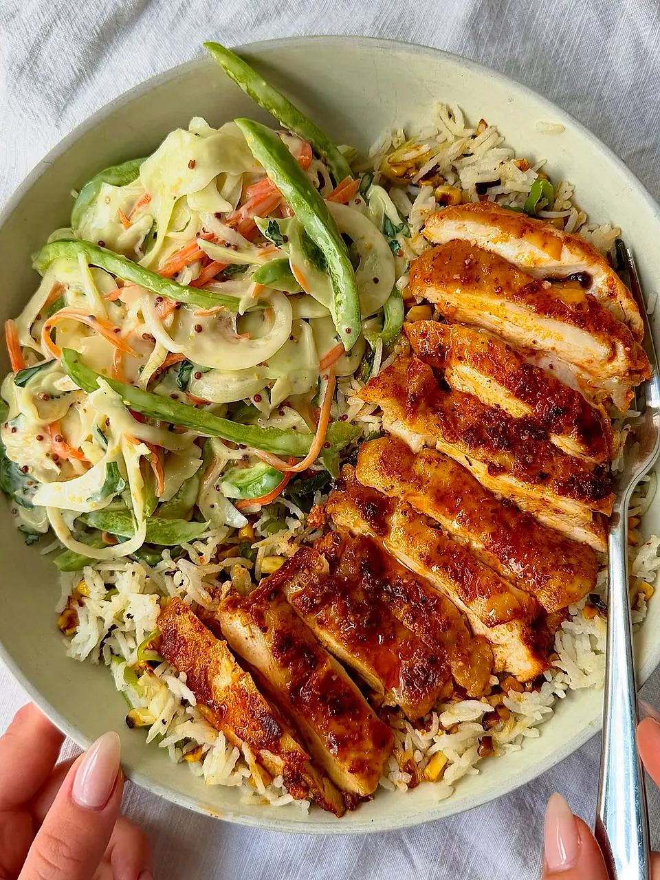 Cajun Chicken Bowl with Toasted Corn Rice and Creamy Slaw