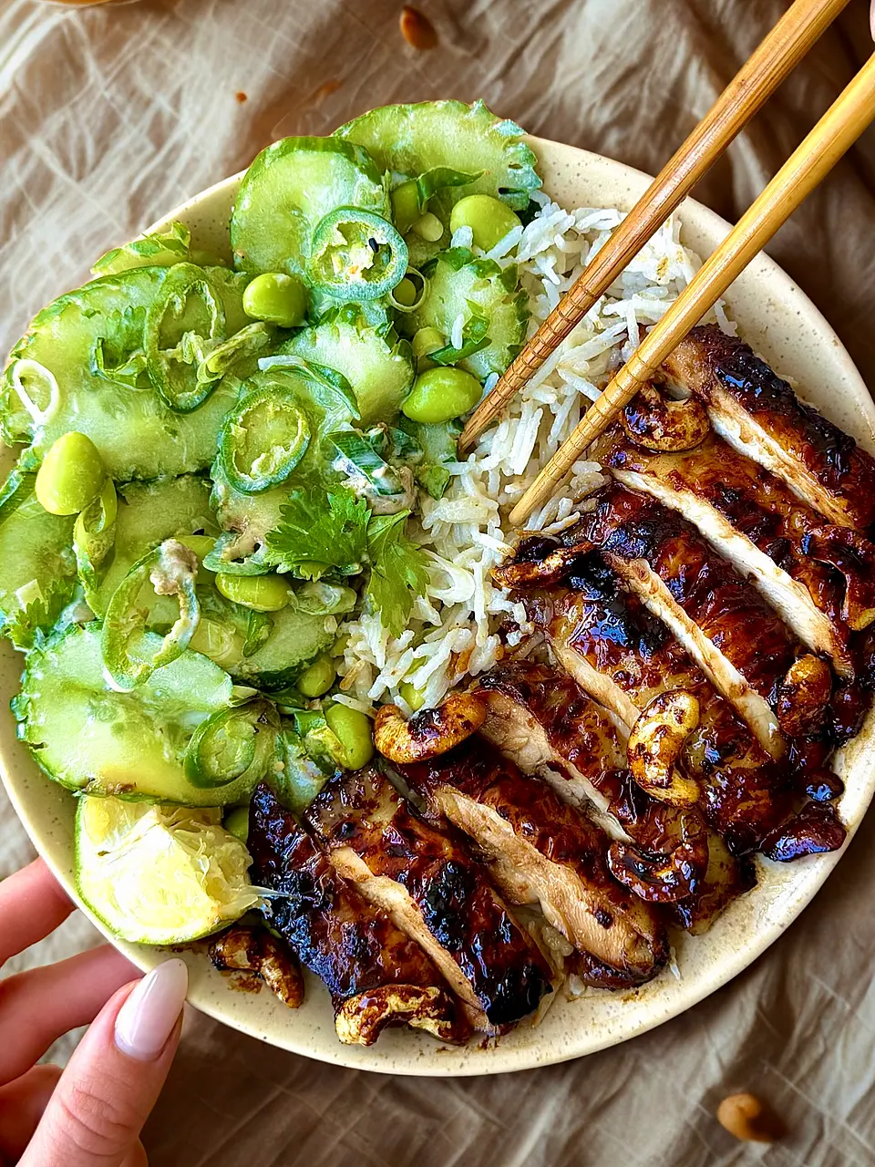 Soy Honey Ginger Chicken Thighs with Cucumber Salad and Rice