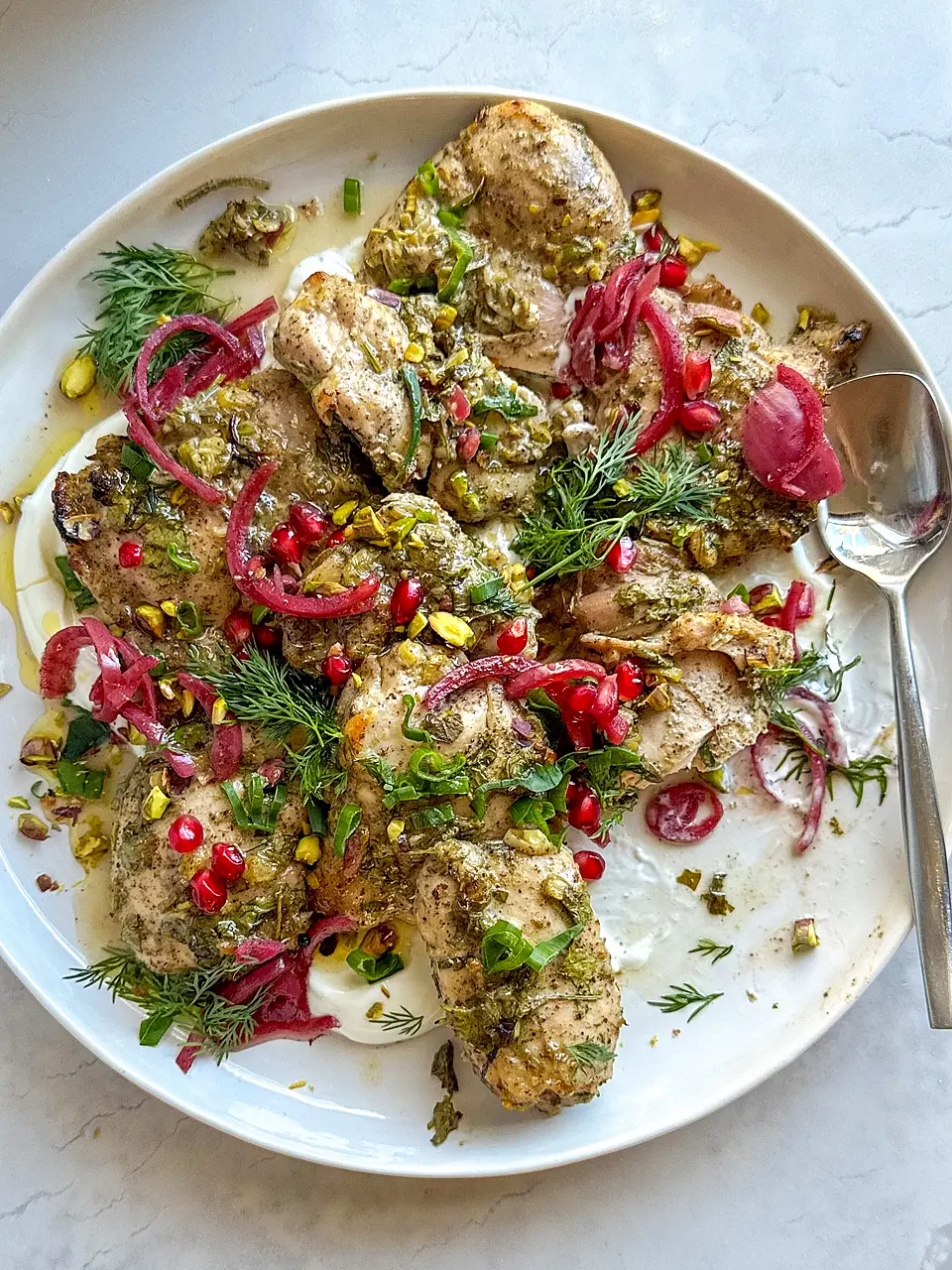 Za’atar Tahini Chicken Thighs with Greek Yoghurt & Pomegranate